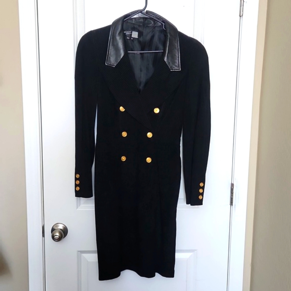 VINTAGE 1980s Michael Hoban North Beach Suede/Leather BLACK Pinstripes  Dress